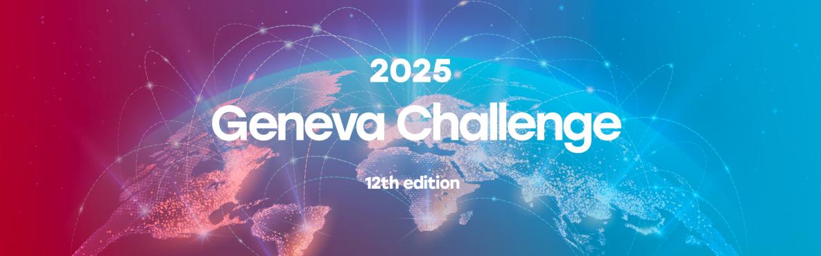 Banner of the Geneva Challenge 2025, featuring a blue and purple world map and the text "2025 Geneva Challenge 12th edition"