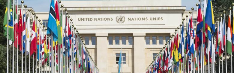 Gallery of national flags at UN entrance in Geneva, Switzerland.