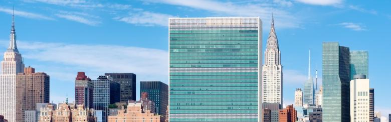 Midtown Manhattan skyline including United Nations building.