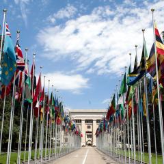 Flags, line the Allée des Nations in front of the United Nation’s Palace of Nations in Geneva.